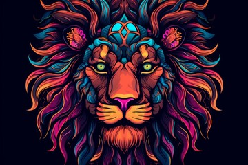 Wall Mural - Majestic Head of lion with neon style. Wildlife predator. Generate Ai