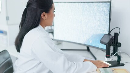 Aufkleber - Laboratory scientist examining monkeypox virus on computer and using microscope glass slide. Biochemist engineer searching for breakthrough cure in medical research and writing discovery on clipboard