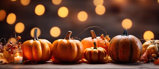 Canvas Print - Thanksgiving card with pumpkins on a table with garlands.