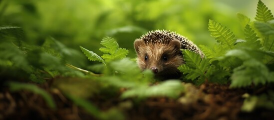 Sticker - Wild European hedgehog waking up in Spring, covered in ferns and leaves.