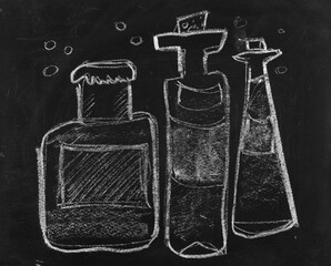 Wall Mural - Icon bottles of alcohol, hand draw chalk on chalkboard, blackboard texture