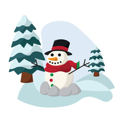 Sticker - Cute snowman character between two christmas trees Vector