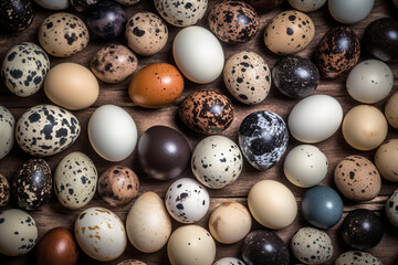 Wall Mural - Background of colorful bird eggs, many birds eggs of different species, close-up, natural wallpaper 