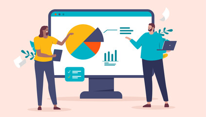 Leinwandbilder - People analysing data - Businessman and woman looking at pie chart on computer screen doing analytics and working together. Flat design vector illustration with beige background