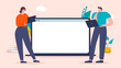 People in front of blank computer screen - Business man and woman standing with laptops, and big empty screen in background. Flat design vector illustration