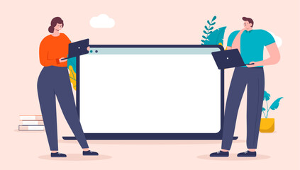 Poster - People in front of blank computer screen - Business man and woman standing with laptops, and big empty screen in background. Flat design vector illustration