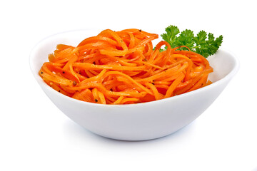 Wall Mural - Gratted raw carrots in korean-style, korean carrot in the white bowl, isolated on white background.