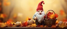 Thanksgiving Illustration Features Autumn Harvest Basket With Gnomes And Natural Elements.