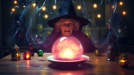 Old ugly witch with her magic crystal