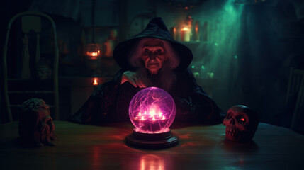 Old ugly witch with her magic crystal