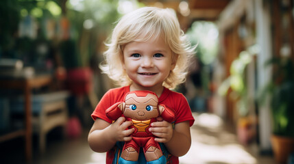 happy and smiling blond boy holding a stuffed superhero