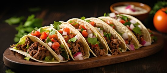 Wall Mural - Tasty Mexican beef tacos with tomato sauce and salsa.