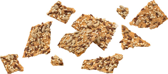 Wall Mural - broken crispbread, whole grain crackers with flax seeds isolated on white background
