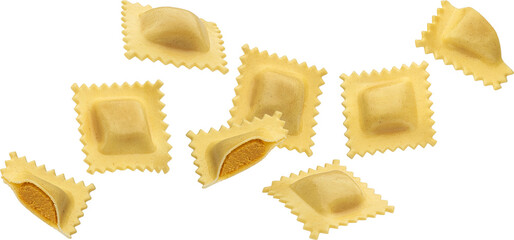 Wall Mural - Ravioli pasta with pumpkin filling isolated on white background