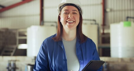 Canvas Print - Happy woman, face and engineer with tablet at warehouse or factory for maintenance or career ambition. Portrait of female person, contractor or technician smile with positive attitude or job mindset