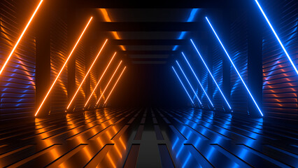 Fototapete - Sci Fi neon glowing lines in a dark tunnel. Reflections on the floor and ceiling. 3d rendering image. Abstract glowing lines. Technology futuristic background.
