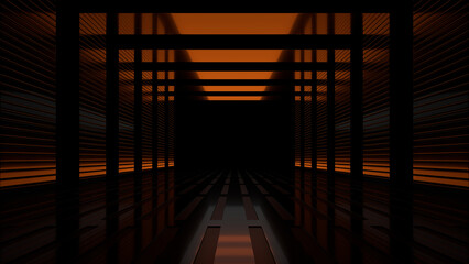 Wall Mural - Sci Fi neon glowing lines in a dark tunnel. Reflections on the floor and ceiling. 3d rendering image. Abstract glowing lines. Technology futuristic background.