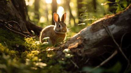 a rabbit in the forest during the sunset