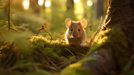 Wall Mural - a little mouse in the forest during the sunset