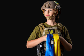 Wall Mural - Young female soldier with flag of Ukraine and military tag on dark background