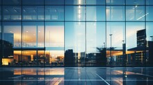 Modern Buildings In Big Cities,Reflection Of Illuminated Office Building In Glass Office 