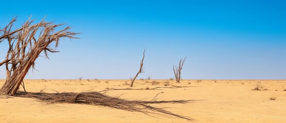 Wall Mural - Dried grass and dead trees landscape on desert background from Generative AI