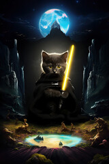 cat wearing hooded cloak holding yellow laser light saber