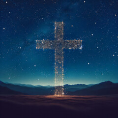 Wall Mural - glowing stars forming the christian cross of christ at night illustration generative ai