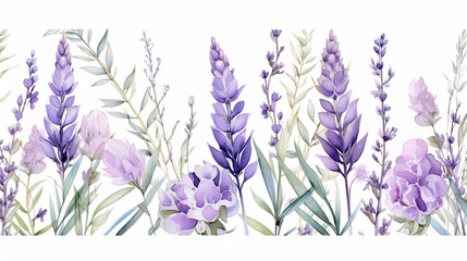 Wall Mural - Seamless border from lavender and eucalyptus watercolor. Lavender flowers watercolor illustration. Medical and aroma lilac herb botanical drawing.