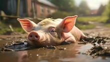 Closeup Animation Of A Content Pig Resting In A Muddy Puddle On A Sunny Day. .