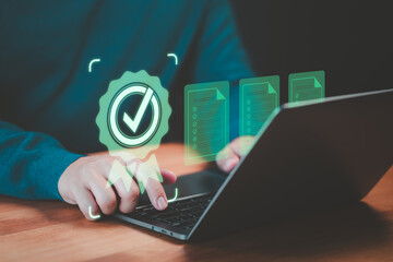 Poster - User use a laptop for assessment sign of service quality assurance certificate for business. Work and assessment certificate, evaluation online survey exam, exam international standard certification.