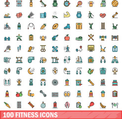Poster - 100 fitness icons set. color line set of fitness vector icons thin line color flat on white