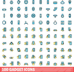 Poster - 100 gadget icons set. Color line set of gadget vector icons thin line color flat on white
