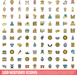 Poster - 100 history icons set. Color line set of history vector icons thin line color flat on white