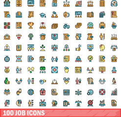 Poster - 100 job icons set. Color line set of job vector icons thin line color flat on white