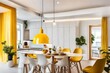 interior design smart apartment square 20m, white walls and white kitchen, big yellow lamp under dinner table temporary style , photography 