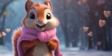 Illustration Of Squirrel Wearing Pink Scarf In The Snow, Generative AI