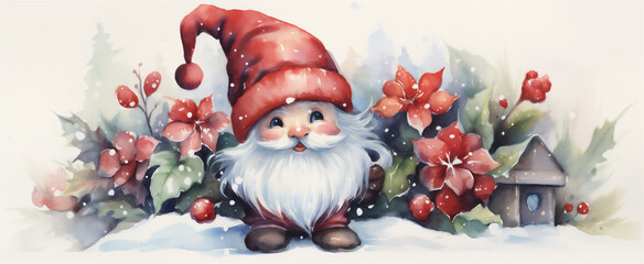 Wall Mural - Watercolor Painting, Cute Christmas Gnome, Generative AI