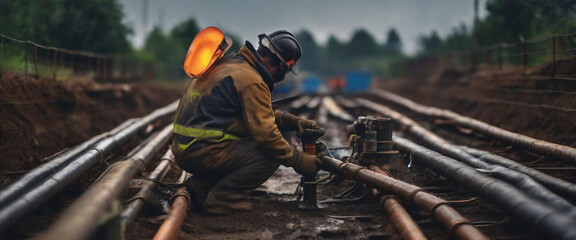 Skilled welder assembling durable pipelines for infrastructure project