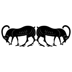 Wall Mural - Symmetrical animal design or frame with two stylized goats or antelopes. Black and white silhouette. Ancient Greek vase painting style.