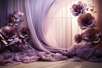 Maternity backdrop, wedding backdrop, photography background, maternity props, Light hoop weaved purple flowers, elegant wall background, flowing white satin drape, backdrop, giant flowers