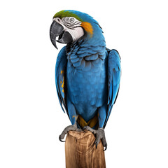 Blue and yellow Parrot, macaw, ara ararauna sitting on tree branch isolated on transparent background