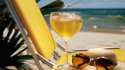 Wall Mural - A closeup of a glass of champagne resting on a beach chair next to a sun hat and a pair of sunglasses with a breathtaking ocean view