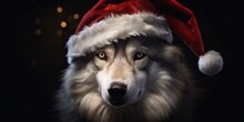 A White And Gray Wolf Wearing A Santa Hat, Generative AI