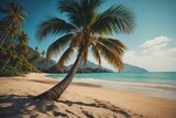 Fototapeta Sypialnia - Beautiful tropical beach with coconut palm tree. ai generative