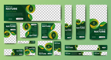 Nature banner design web template Set, Horizontal header web banner. Modern Gradient green cover header background for website design, Social Media Cover ads banner, flyer, invitation card