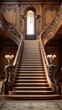 A grand staircase in an old-world mansion, adorned with intricately carved banisters and vintage handrails, exuding timeless elegance.