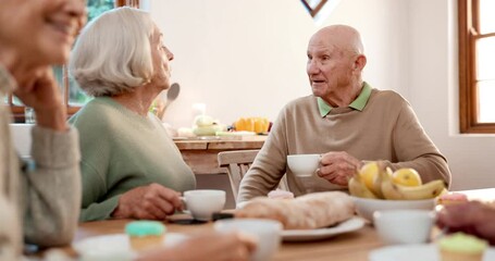 Sticker - Breakfast, elderly friends and conversation with people in a retirement home together for bonding in the morning. Tea party, drink and a group of seniors chatting in the living room of an apartment