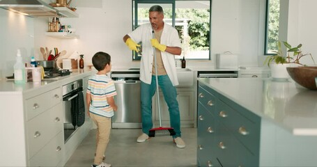 Poster - Cleaning, dad and child dance in the kitchen with a broom, sweeping and or fun housework in family home. Boy, learning to clean floor and father with happy, motivation and excited energy in house