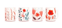 Colorful and modern floral designs of coffee mugs illustrations. Isolated transparent background